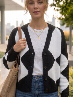 Elan Black And White Diamond Geometric Argyle Knit Button Cardigan Sweater